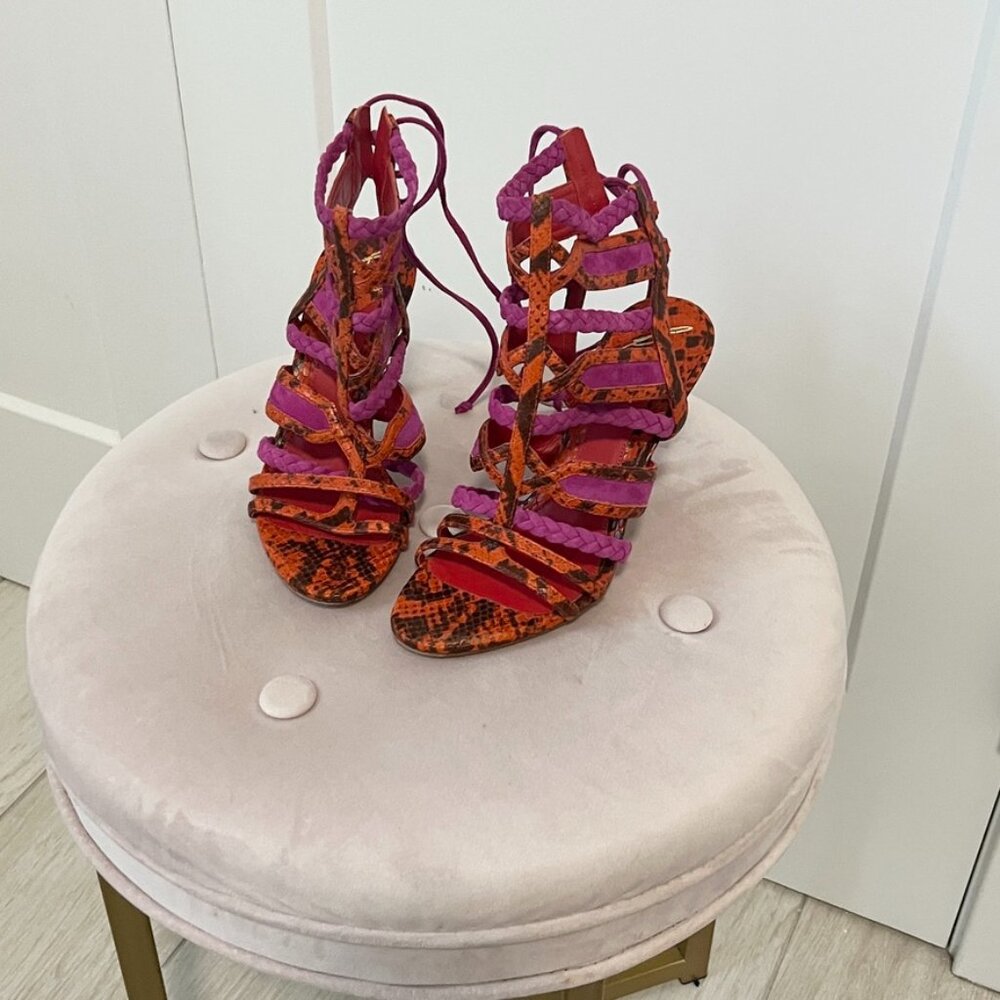 Brian Atwood Leather Braided Snake Print Gladiator Heels Size 5